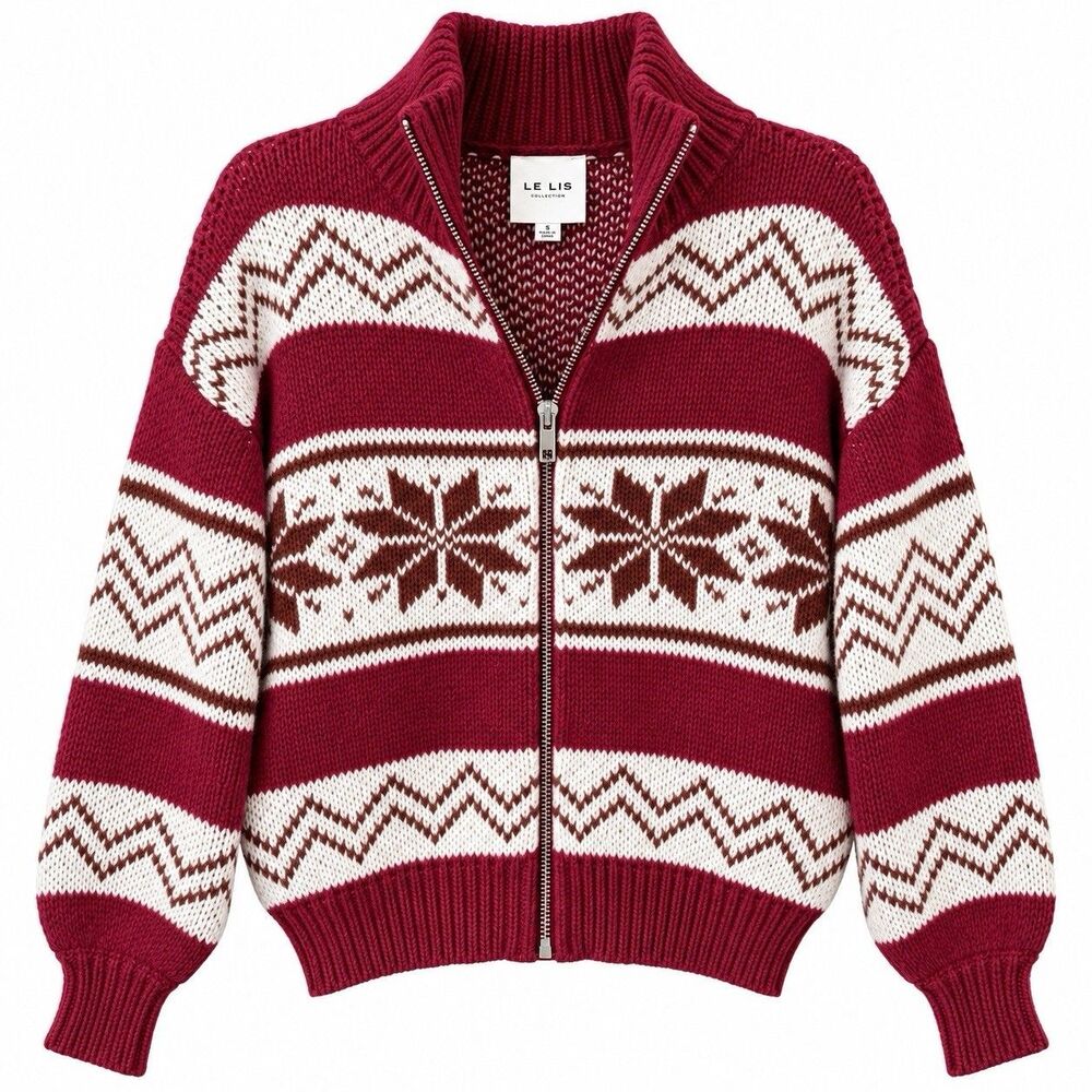 Le Lis Collection Red Nordic Fair Isle Full Zip Sweater Jacket S Après Ski New - Picture 2 of 7